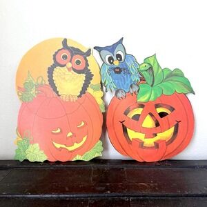 Vintage 1980s Halloween Paper Die-Cut Wall Decor Lot of 2 Owl Bird with Pumpkin